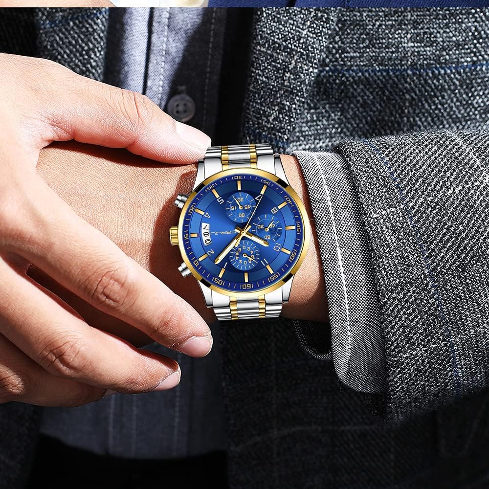 CRRJU Men's Fashion Stainless Steel Watches Date Waterproof Chronograph Wristwatches,Stainsteel Steel Band Waterproof Watch