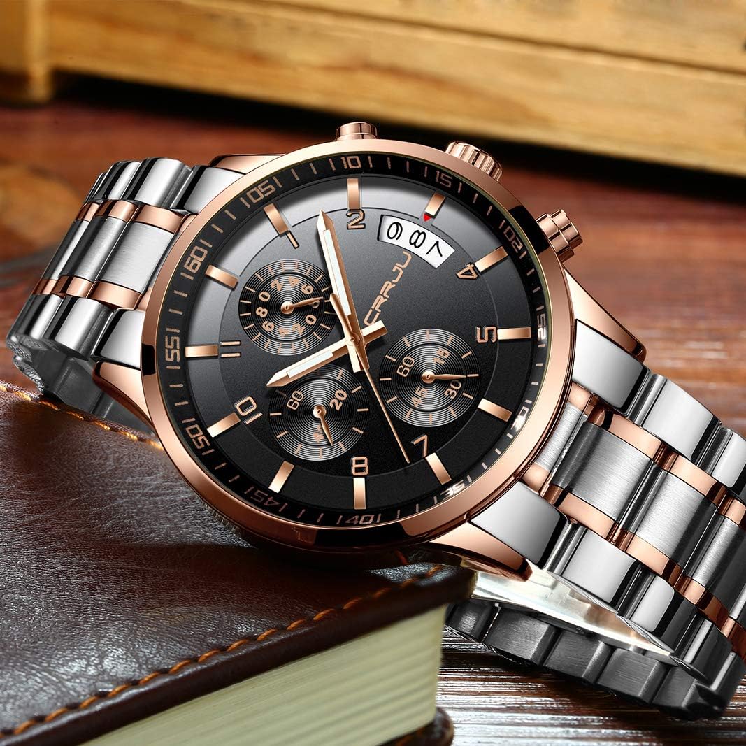 CRRJU Men's Fashion Stainless Steel Watches Date Waterproof Chronograph Wristwatches,Stainsteel Steel Band Waterproof Watch