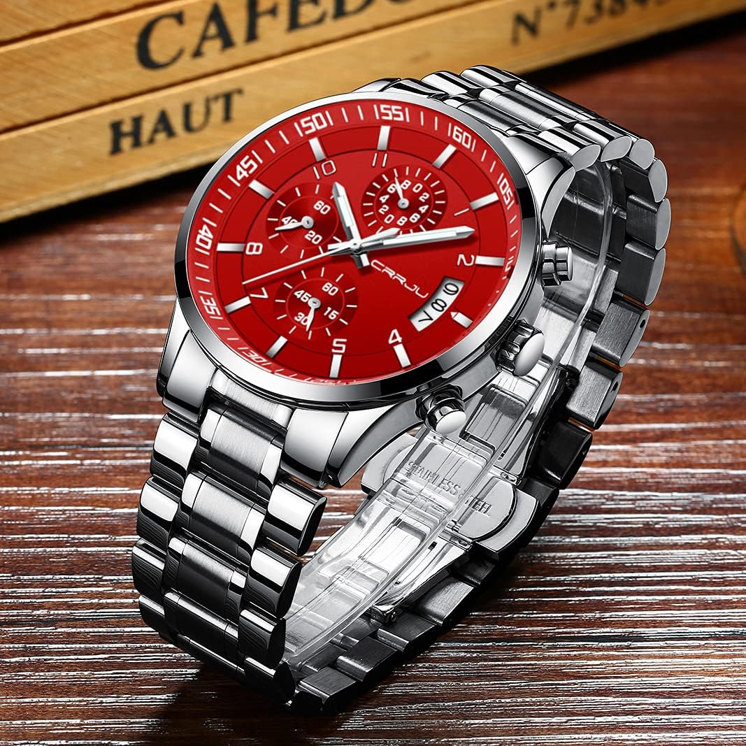 CRRJU Men's Fashion Stainless Steel Watches Date Waterproof Chronograph Wristwatches,Stainsteel Steel Band Waterproof Watch