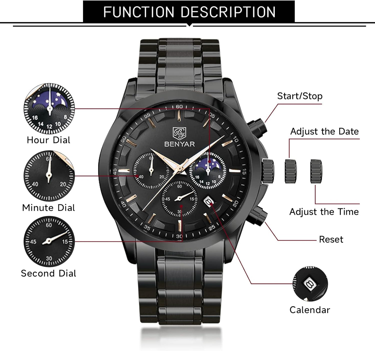 BY BENYAR Men's Watches Waterproof Sport Military Watch for Men Multifunction Chronograph Black Fashion Quartz Wristwatches Calendar with Leather Strap/Stainless Steel
