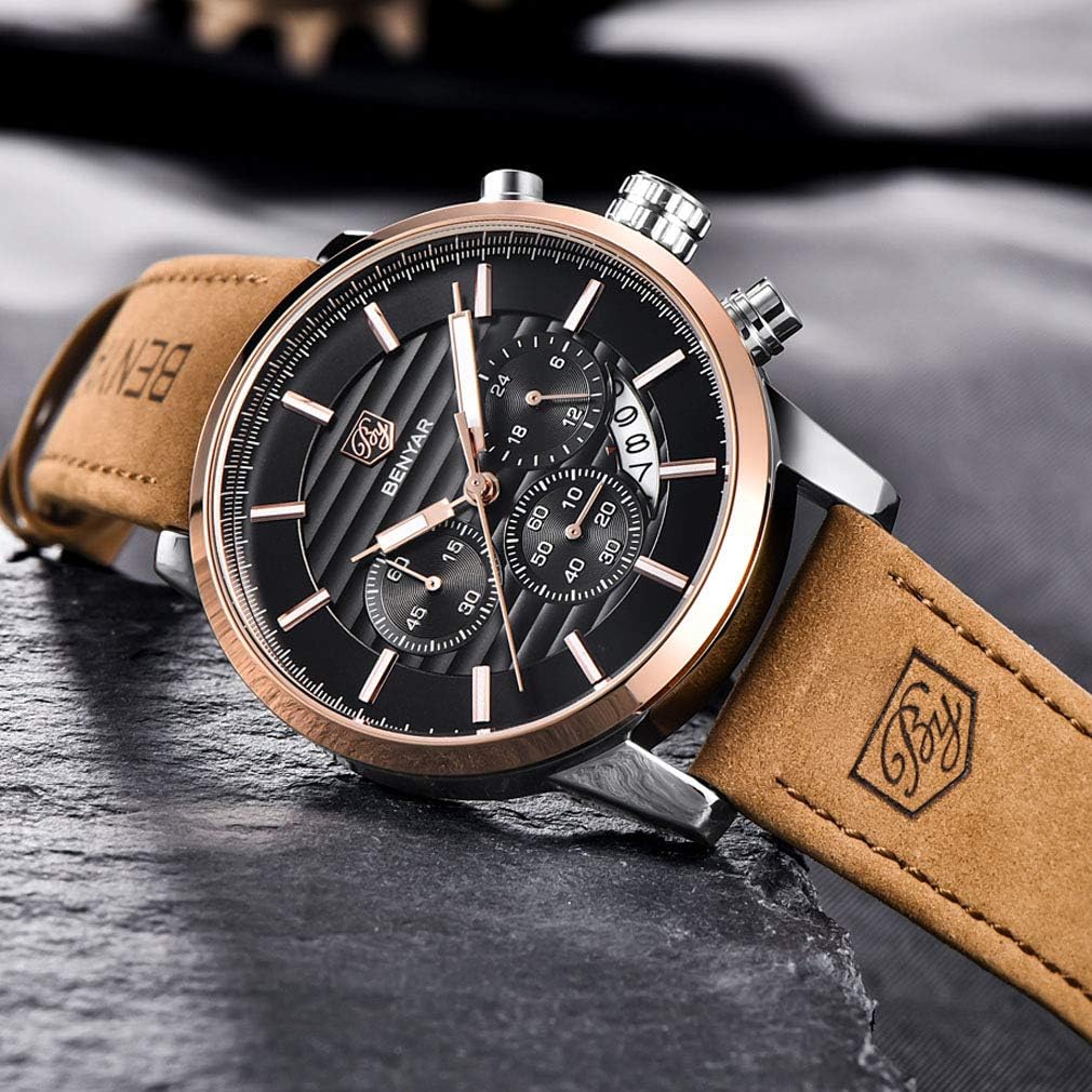 BENYAR Quartz Chronograph Waterproof Watches Business and Sport Design Leather Band Strap Wrist Watch for Men