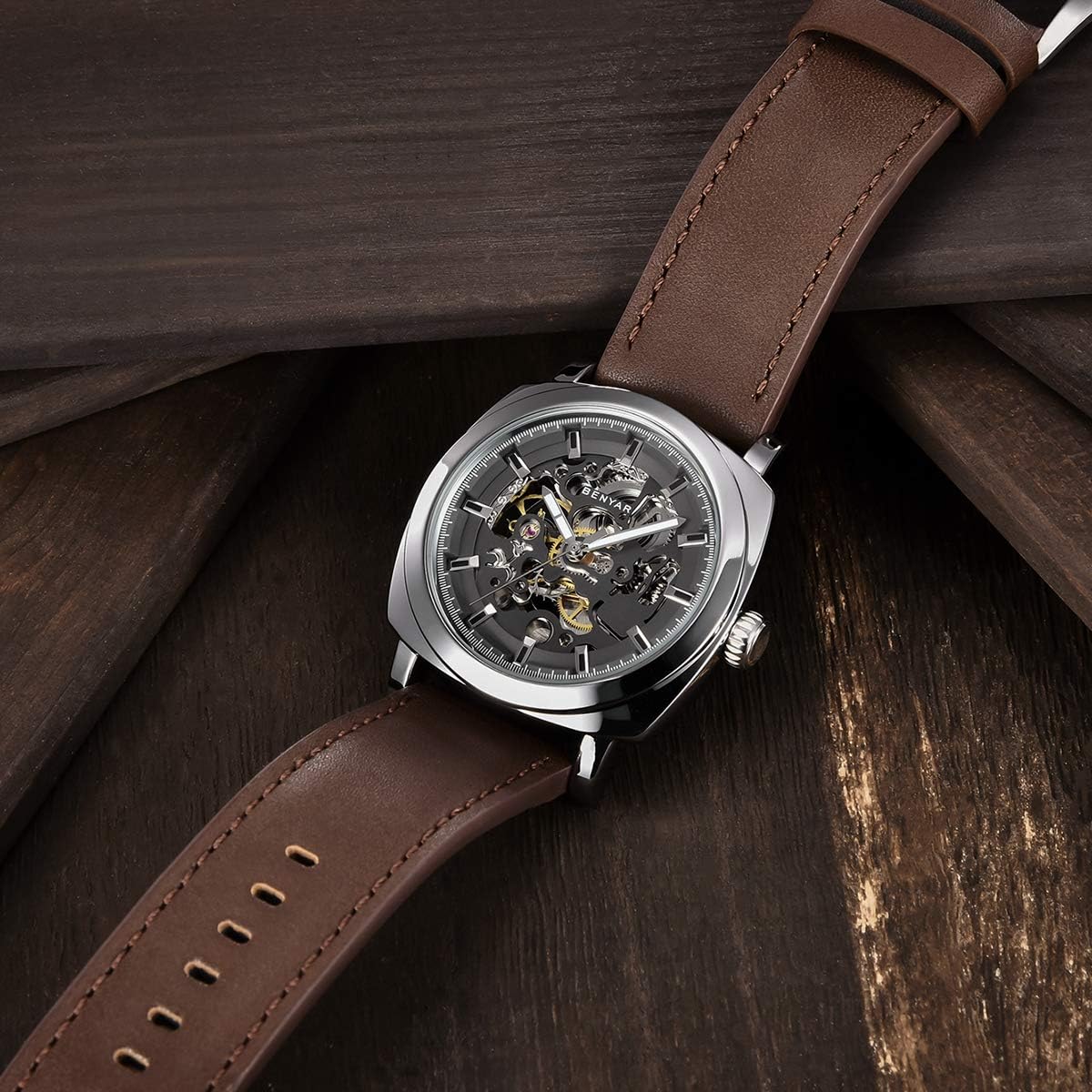 Benyar Automatic Watches for Men | Skeleton Mechanical Leather Strap Mens Watch | 45mm Dial | 30M Waterproof | Men's Stylish Gift