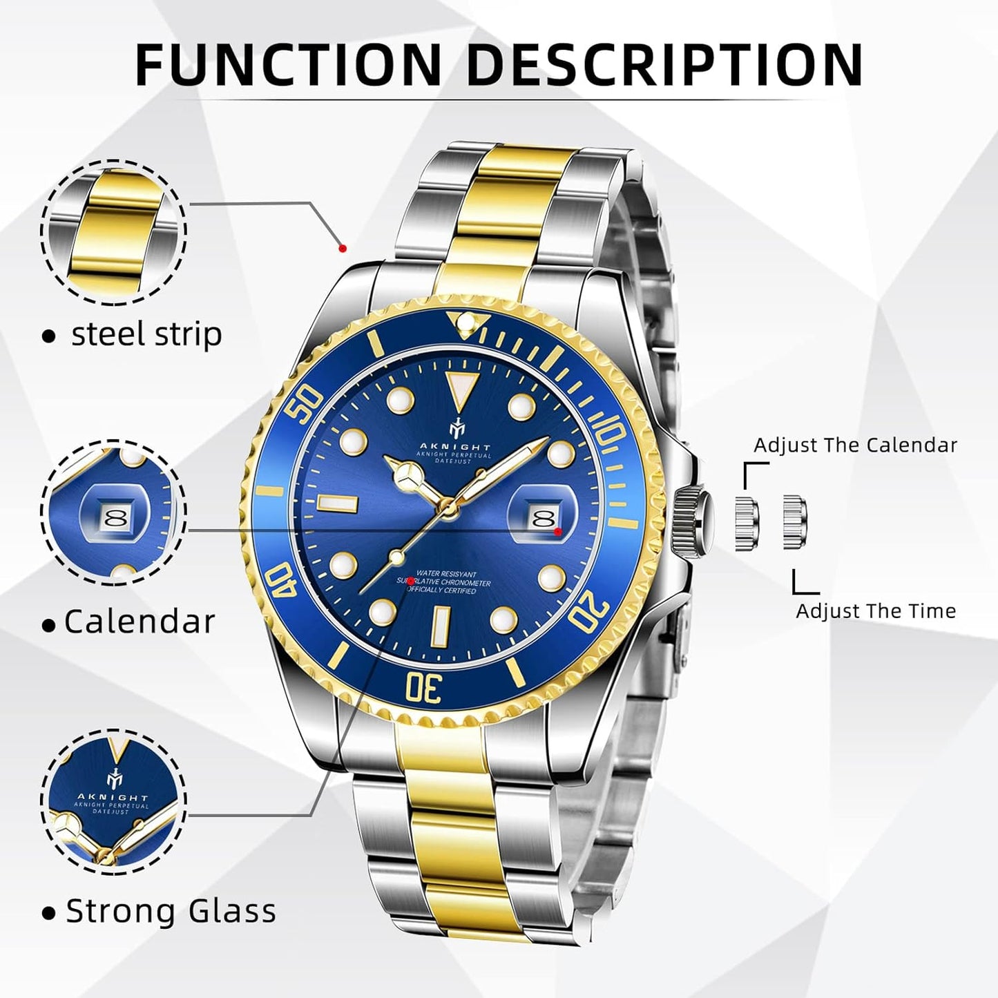 BY BENYAR AKNIGHT Watches for Men Quartz Movement Watch,Waterproof Luminous Men's Watch, Stainless Steel Strap Business Watches