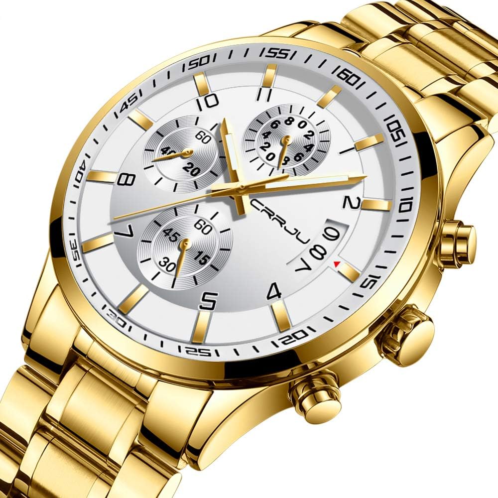 CRRJU Men's Fashion Stainless Steel Watches Date Waterproof Chronograph Wristwatches,Stainsteel Steel Band Waterproof Watch