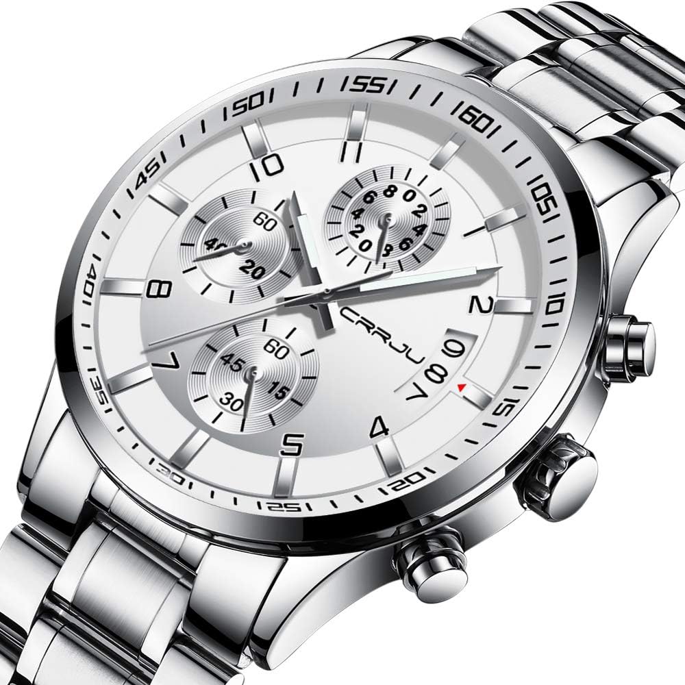 CRRJU Men's Fashion Stainless Steel Watches Date Waterproof Chronograph Wristwatches,Stainsteel Steel Band Waterproof Watch