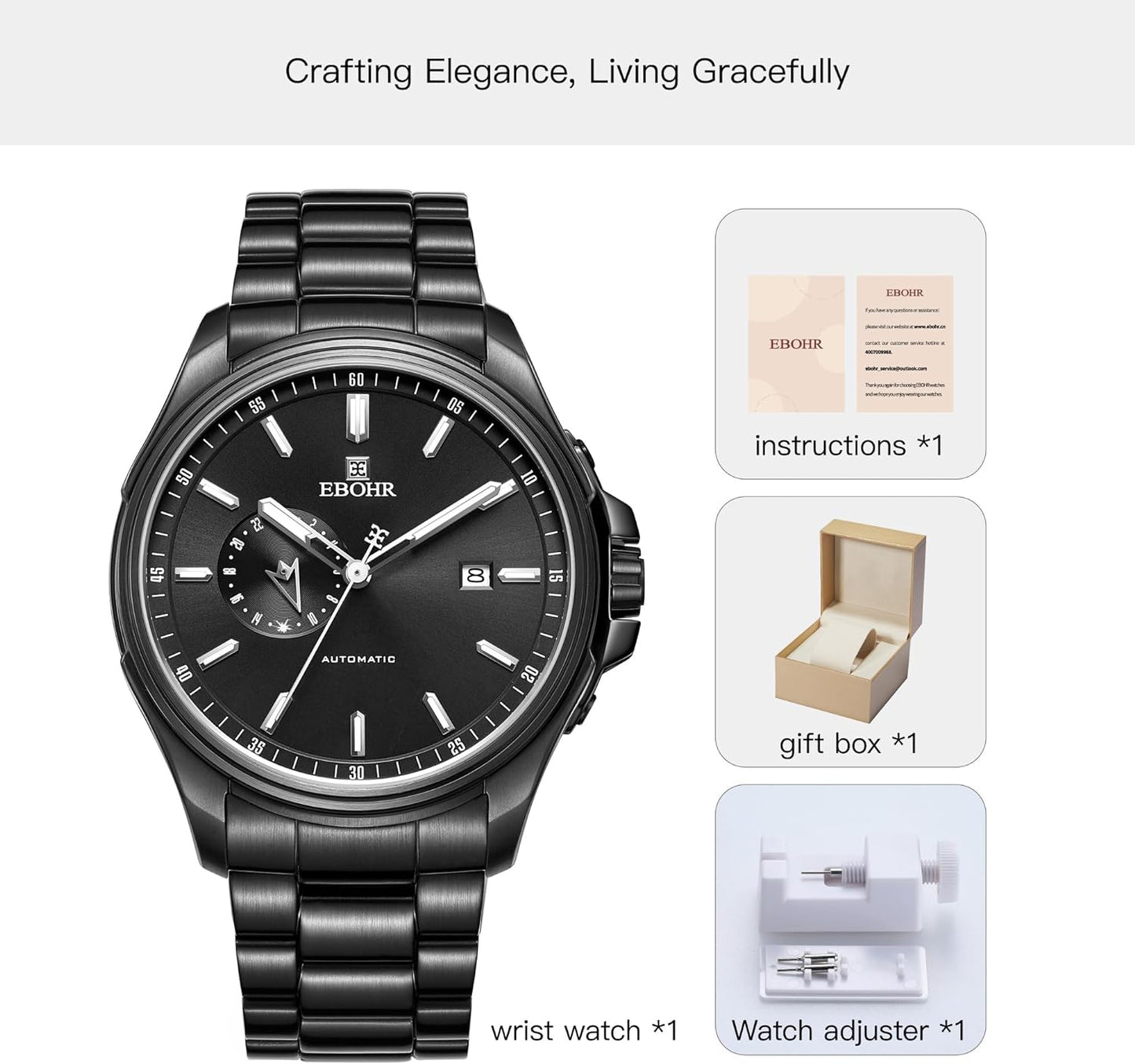 EBOHR Men's 21Jewel Mechanical Watch 316L Stainless Steel Wrist Watch Multifunctional Luminous Dial and Hand Easy to Read 43MM Business Classic Watch
