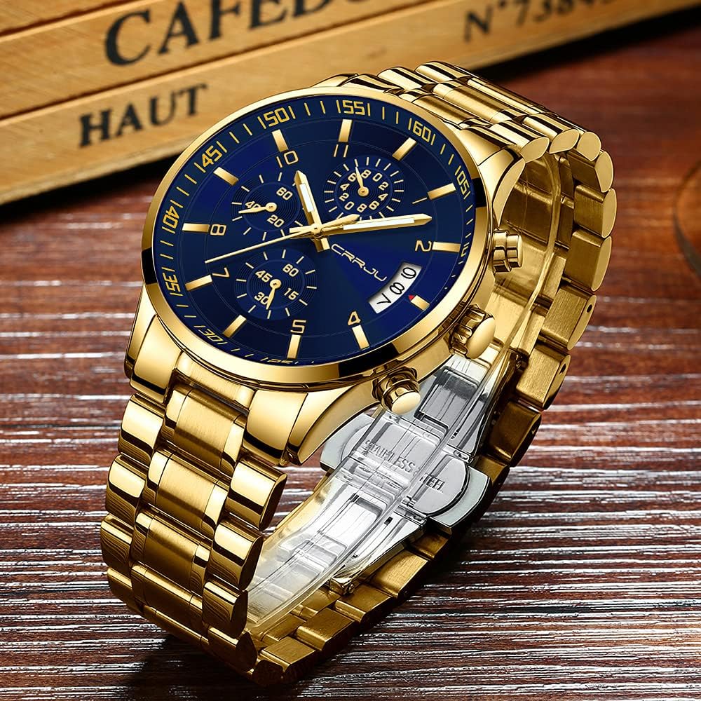 CRRJU Men's Fashion Stainless Steel Watches Date Waterproof Chronograph Wristwatches,Stainsteel Steel Band Waterproof Watch