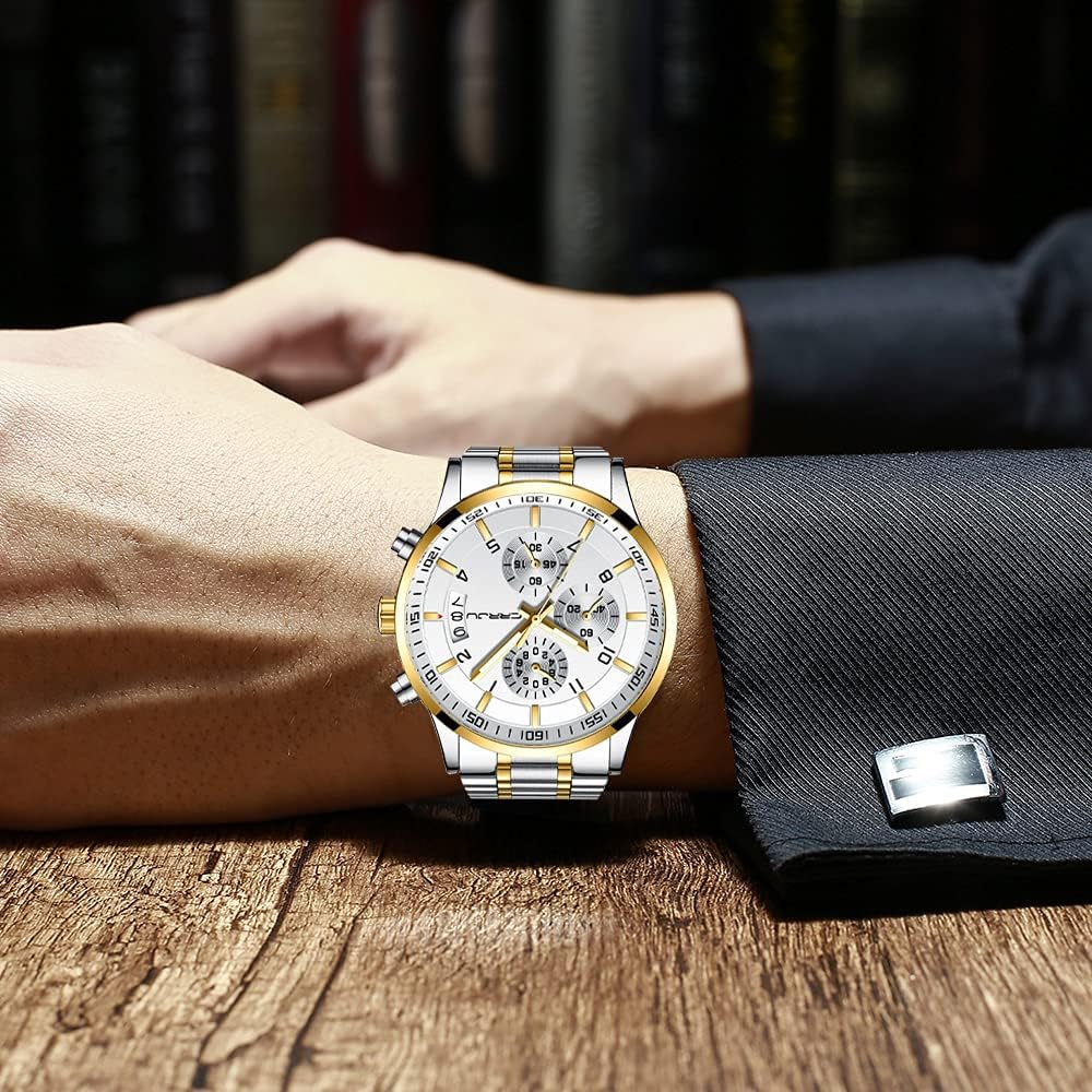CRRJU Men's Fashion Stainless Steel Watches Date Waterproof Chronograph Wristwatches,Stainsteel Steel Band Waterproof Watch