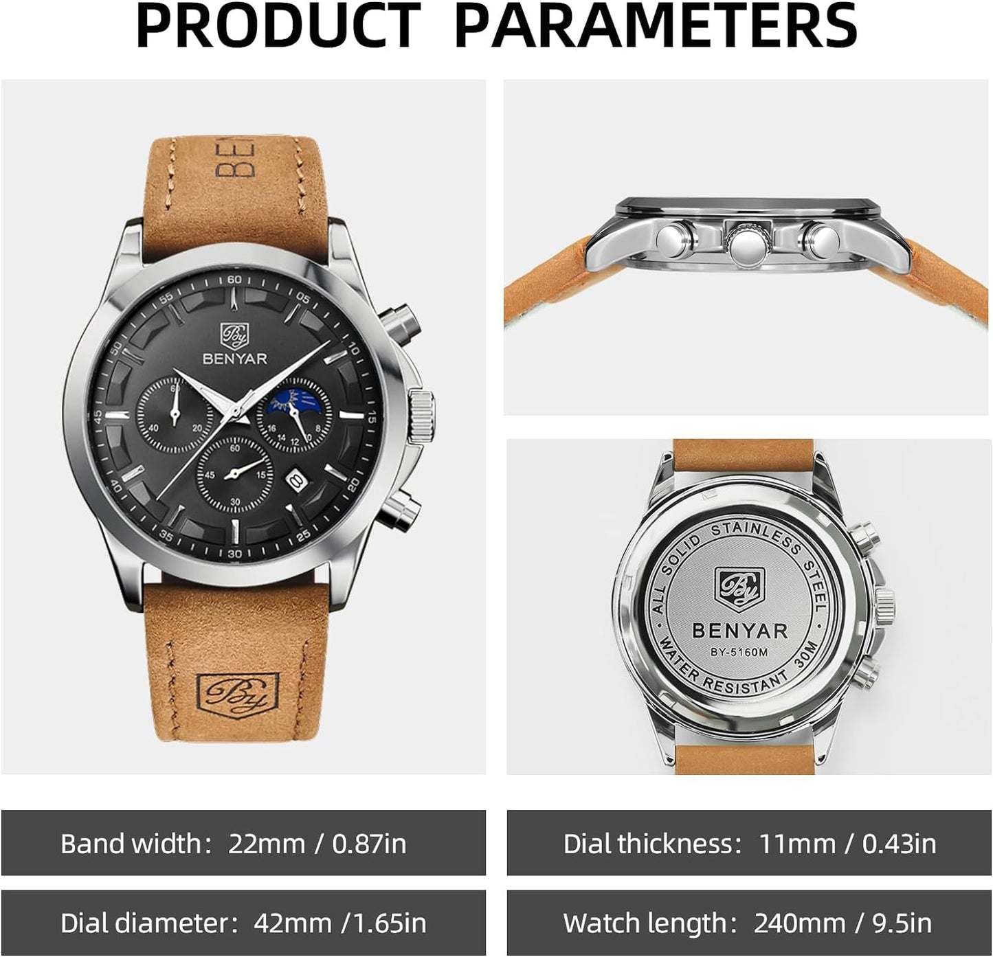 BY BENYAR Men's Watches Waterproof Sport Military Watch for Men Multifunction Chronograph Black Fashion Quartz Wristwatches Calendar with Leather Strap/Stainless Steel