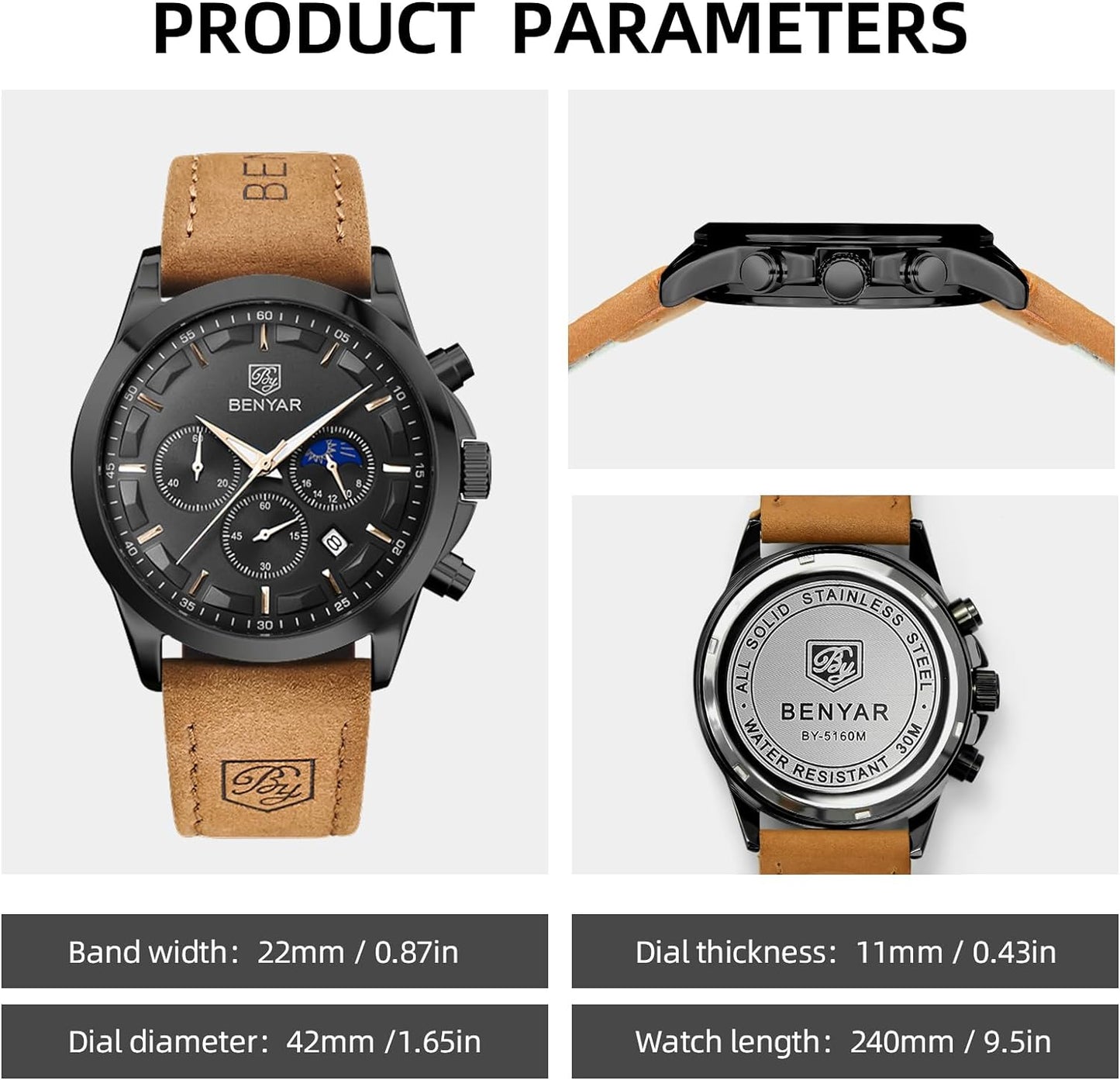BY BENYAR Men's Watches Waterproof Sport Military Watch for Men Multifunction Chronograph Black Fashion Quartz Wristwatches Calendar with Leather Strap/Stainless Steel