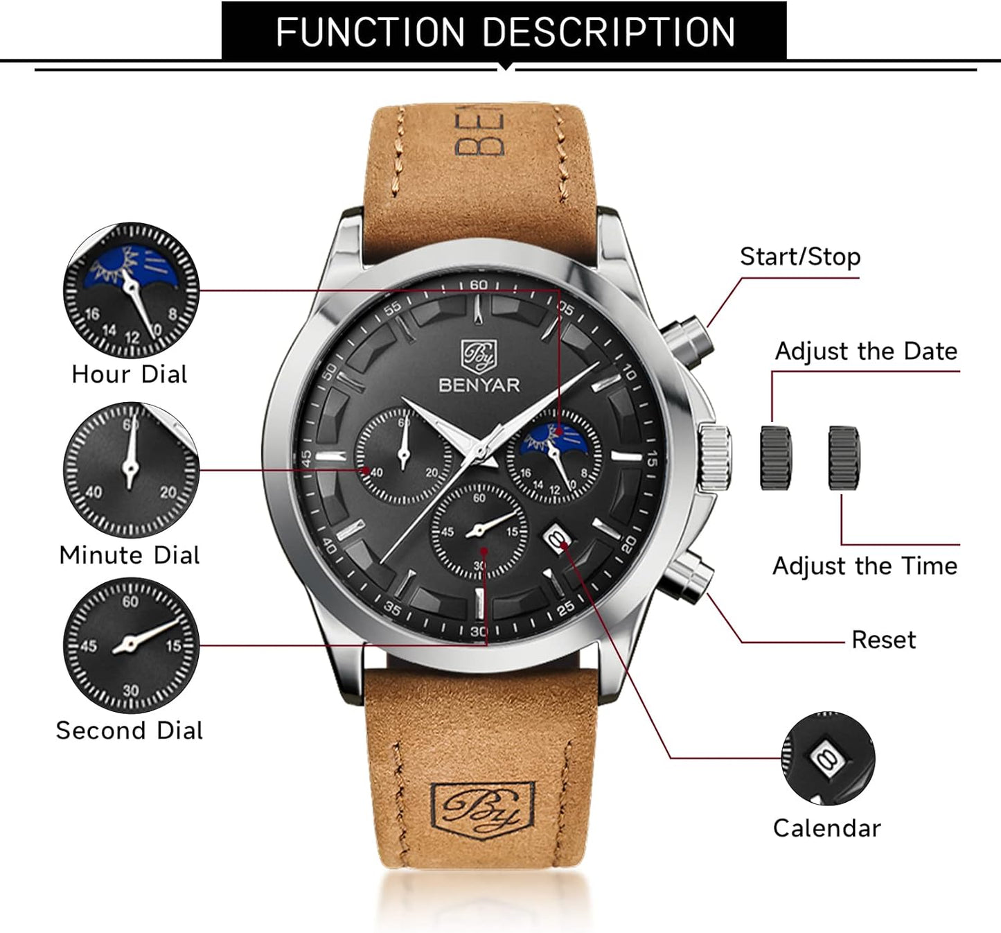 BY BENYAR Men's Watches Waterproof Sport Military Watch for Men Multifunction Chronograph Black Fashion Quartz Wristwatches Calendar with Leather Strap/Stainless Steel