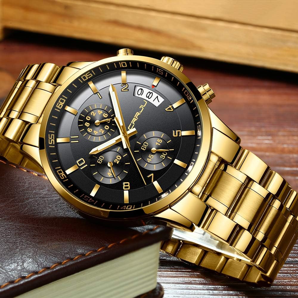 CRRJU Men's Fashion Stainless Steel Watches Date Waterproof Chronograph Wristwatches,Stainsteel Steel Band Waterproof Watch