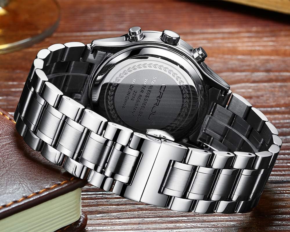 CRRJU Men's Fashion Stainless Steel Watches Date Waterproof Chronograph Wristwatches,Stainsteel Steel Band Waterproof Watch