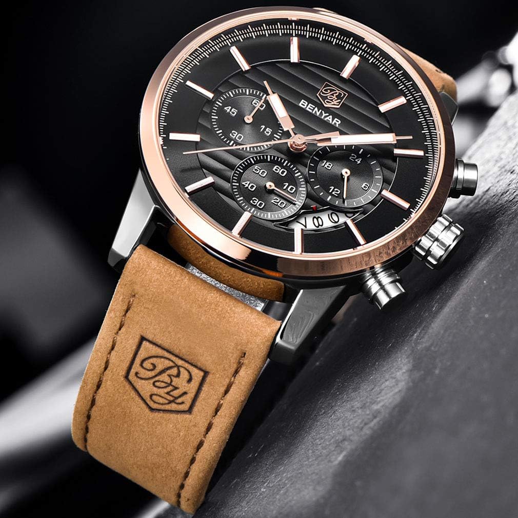 BENYAR Quartz Chronograph Waterproof Watches Business and Sport Design Leather Band Strap Wrist Watch for Men