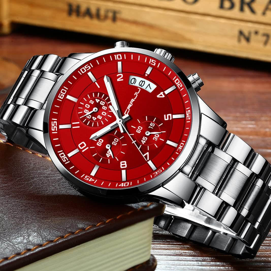 CRRJU Men's Fashion Stainless Steel Watches Date Waterproof Chronograph Wristwatches,Stainsteel Steel Band Waterproof Watch