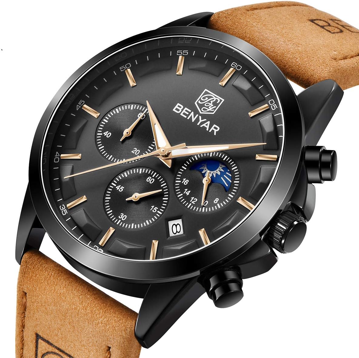 BY BENYAR Men's Watches Waterproof Sport Military Watch for Men Multifunction Chronograph Black Fashion Quartz Wristwatches Calendar with Leather Strap/Stainless Steel