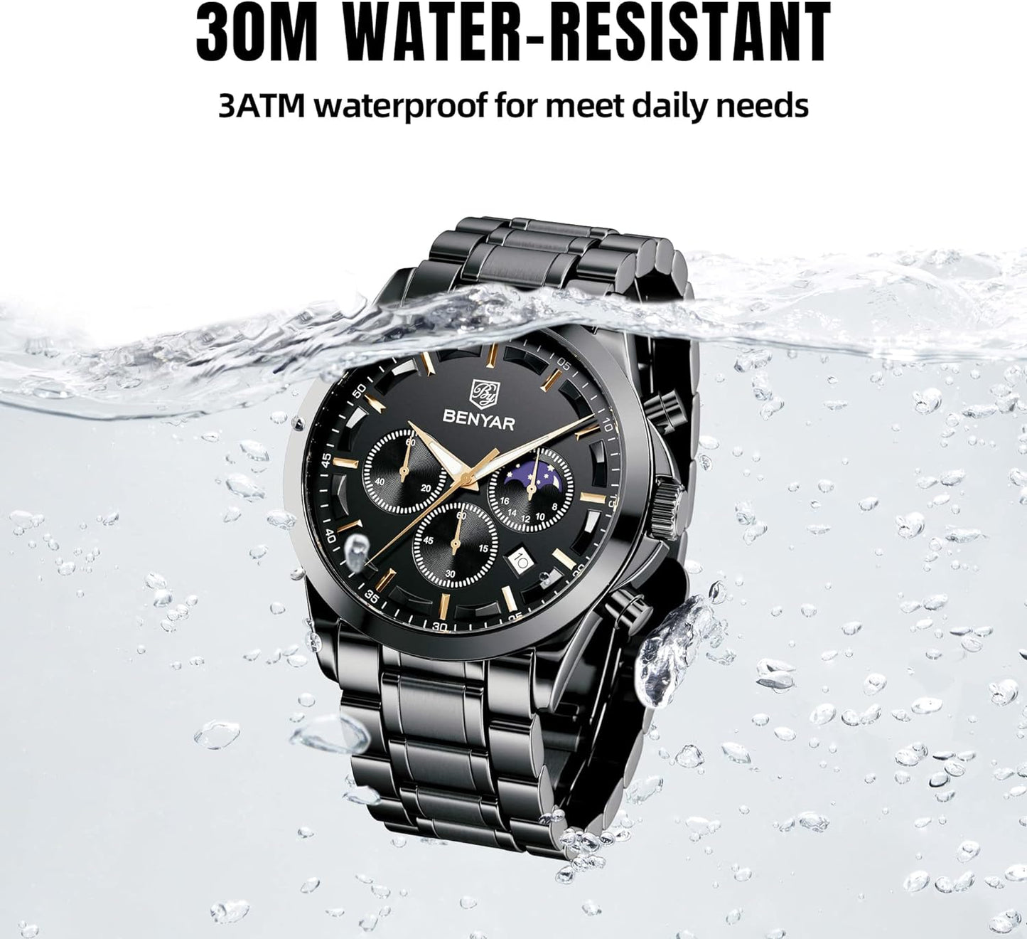 BY BENYAR Men's Watches Waterproof Sport Military Watch for Men Multifunction Chronograph Black Fashion Quartz Wristwatches Calendar with Leather Strap/Stainless Steel