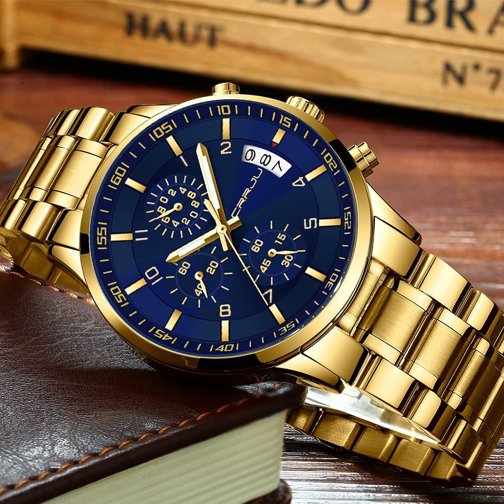 CRRJU Men's Fashion Stainless Steel Watches Date Waterproof Chronograph Wristwatches,Stainsteel Steel Band Waterproof Watch