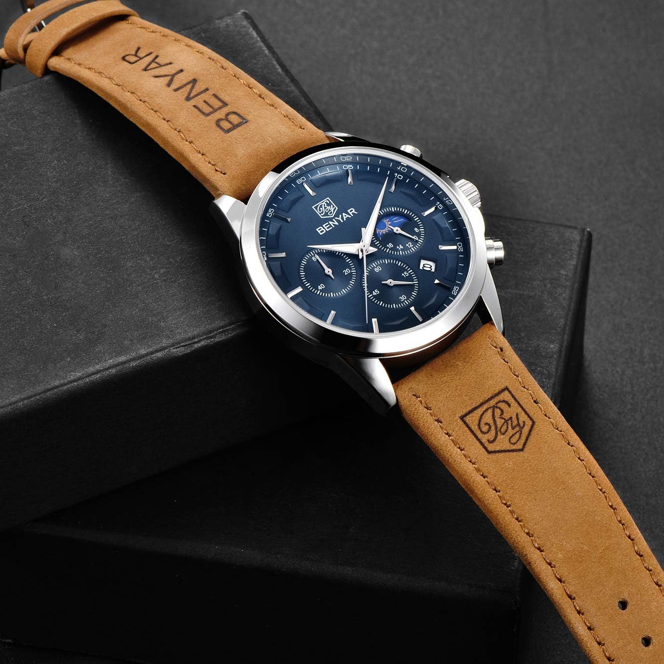 BY BENYAR Men's Watches Waterproof Sport Military Watch for Men Multifunction Chronograph Black Fashion Quartz Wristwatches Calendar with Leather Strap/Stainless Steel