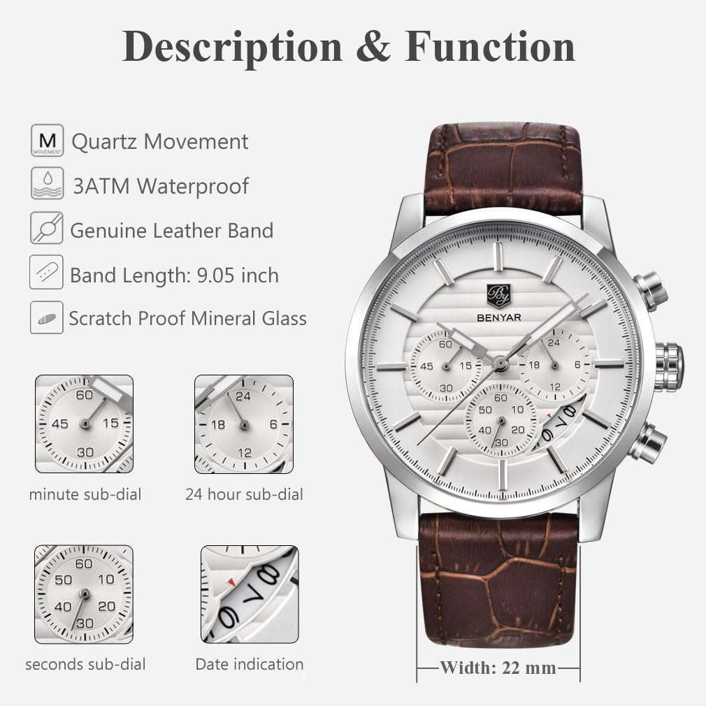 BENYAR Quartz Chronograph Waterproof Watches Business and Sport Design Leather Band Strap Wrist Watch for Men