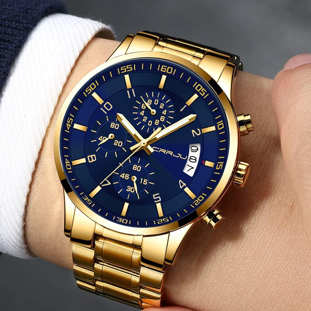 CRRJU Men's Fashion Stainless Steel Watches Date Waterproof Chronograph Wristwatches,Stainsteel Steel Band Waterproof Watch