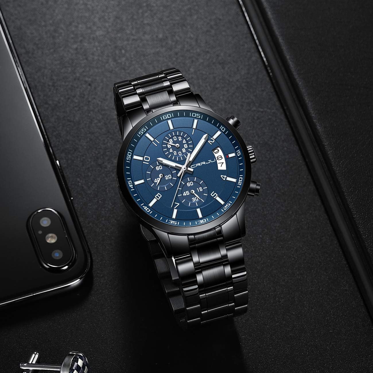 CRRJU Men's Fashion Stainless Steel Watches Date Waterproof Chronograph Wristwatches,Stainsteel Steel Band Waterproof Watch