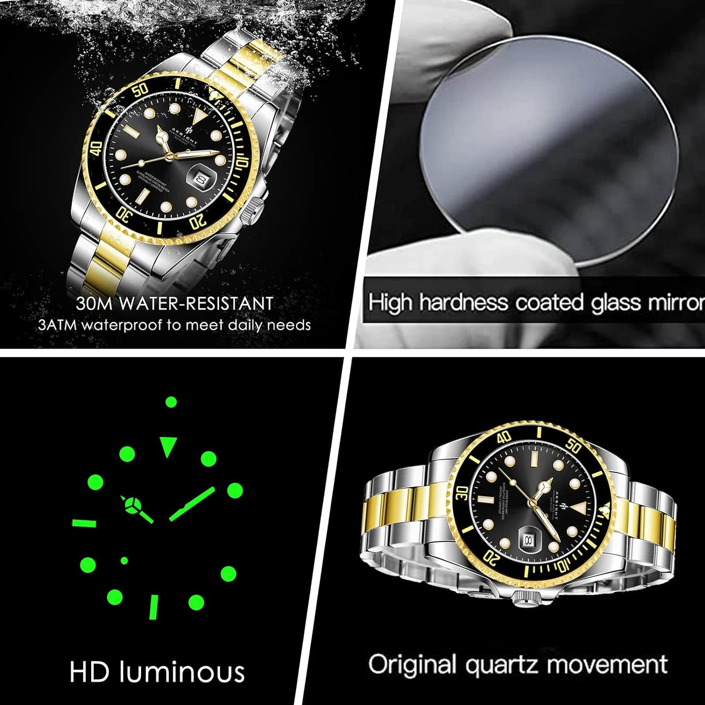 BY BENYAR AKNIGHT Watches for Men Quartz Movement Watch,Waterproof Luminous Men's Watch, Stainless Steel Strap Business Watches