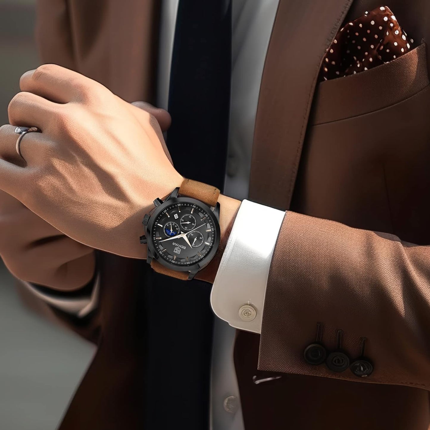 BY BENYAR Men's Watches Waterproof Sport Military Watch for Men Multifunction Chronograph Black Fashion Quartz Wristwatches Calendar with Leather Strap/Stainless Steel