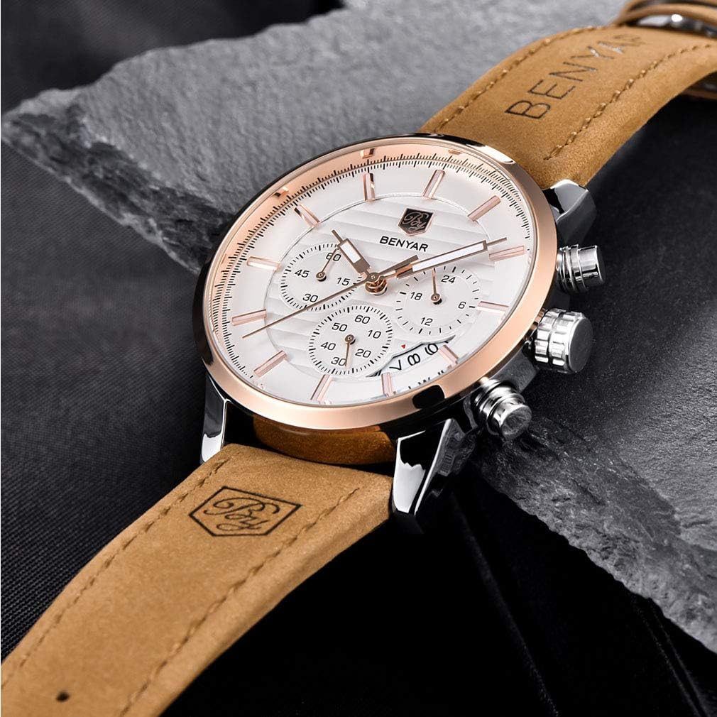 BENYAR Quartz Chronograph Waterproof Watches Business and Sport Design Leather Band Strap Wrist Watch for Men