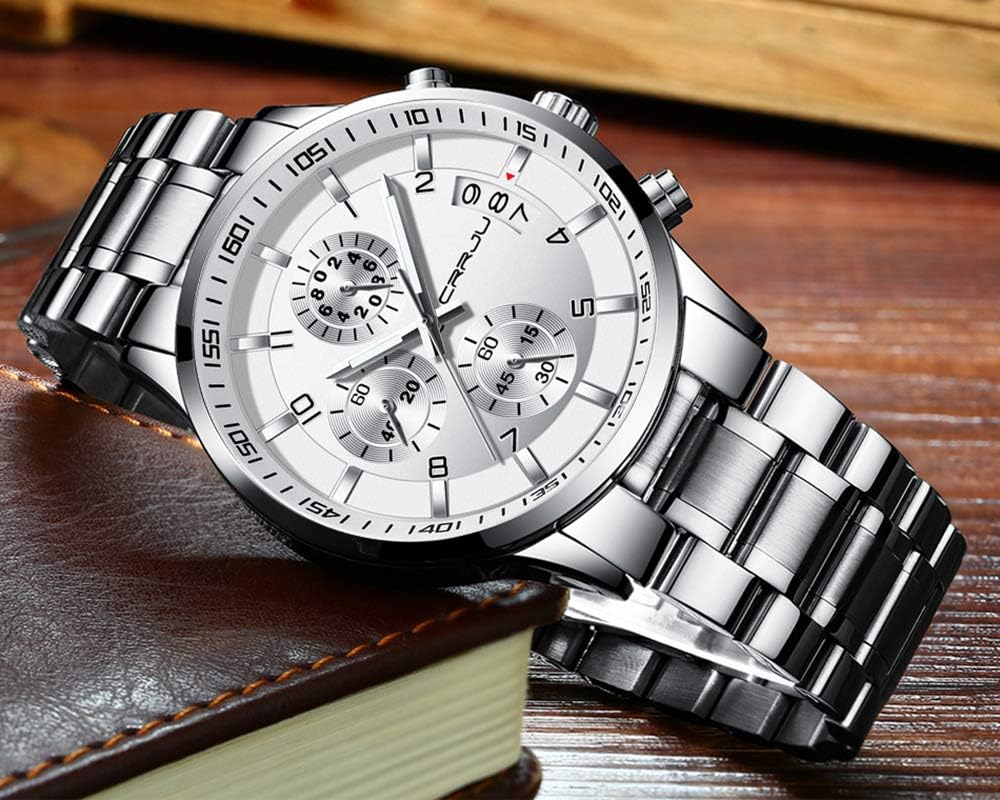 CRRJU Men's Fashion Stainless Steel Watches Date Waterproof Chronograph Wristwatches,Stainsteel Steel Band Waterproof Watch