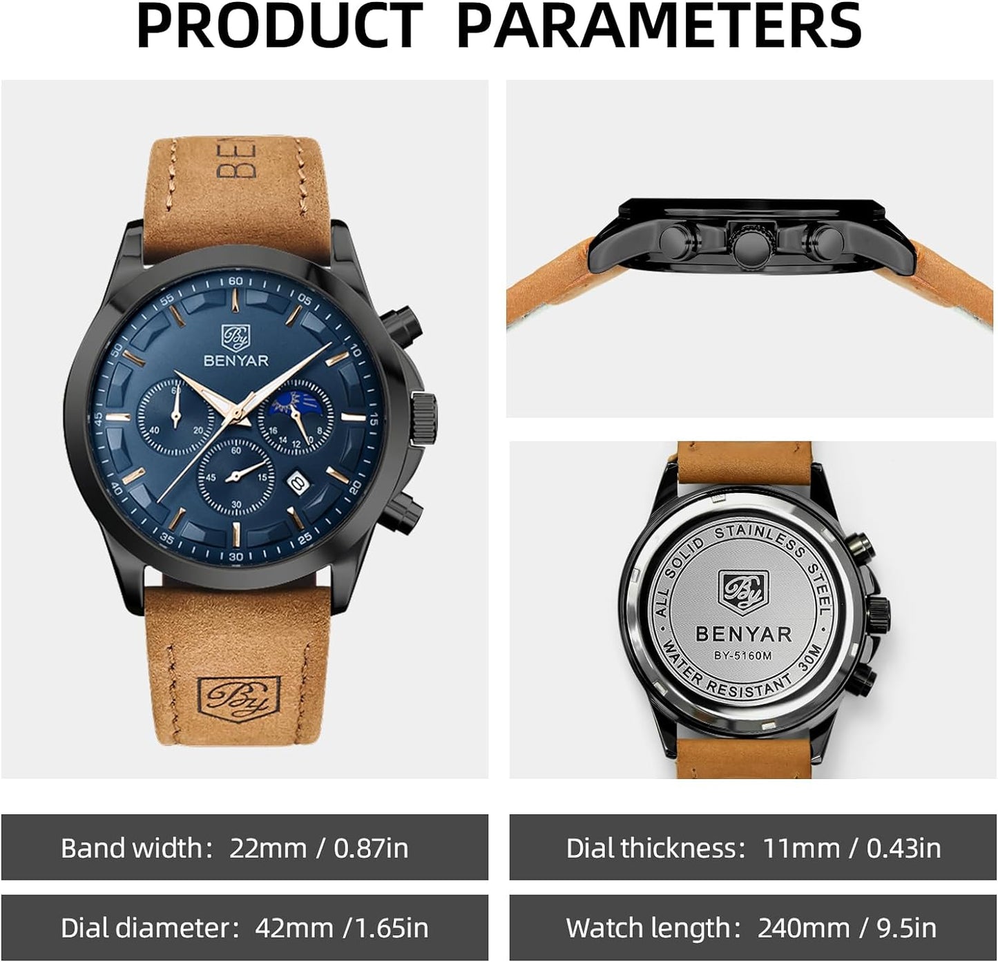 BY BENYAR Men's Watches Waterproof Sport Military Watch for Men Multifunction Chronograph Black Fashion Quartz Wristwatches Calendar with Leather Strap/Stainless Steel