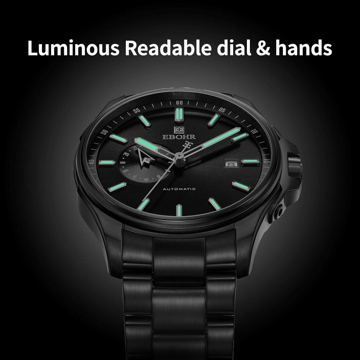 EBOHR Men's 21Jewel Mechanical Watch 316L Stainless Steel Wrist Watch Multifunctional Luminous Dial and Hand Easy to Read 43MM Business Classic Watch