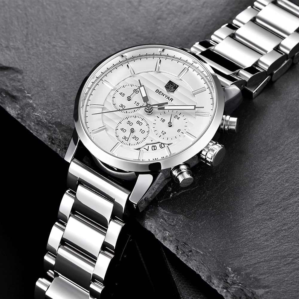 BENYAR Quartz Chronograph Waterproof Watches Business and Sport Design Leather Band Strap Wrist Watch for Men