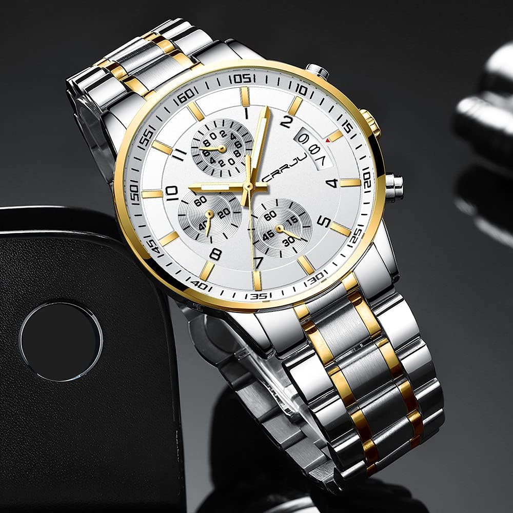 CRRJU Men's Fashion Stainless Steel Watches Date Waterproof Chronograph Wristwatches,Stainsteel Steel Band Waterproof Watch