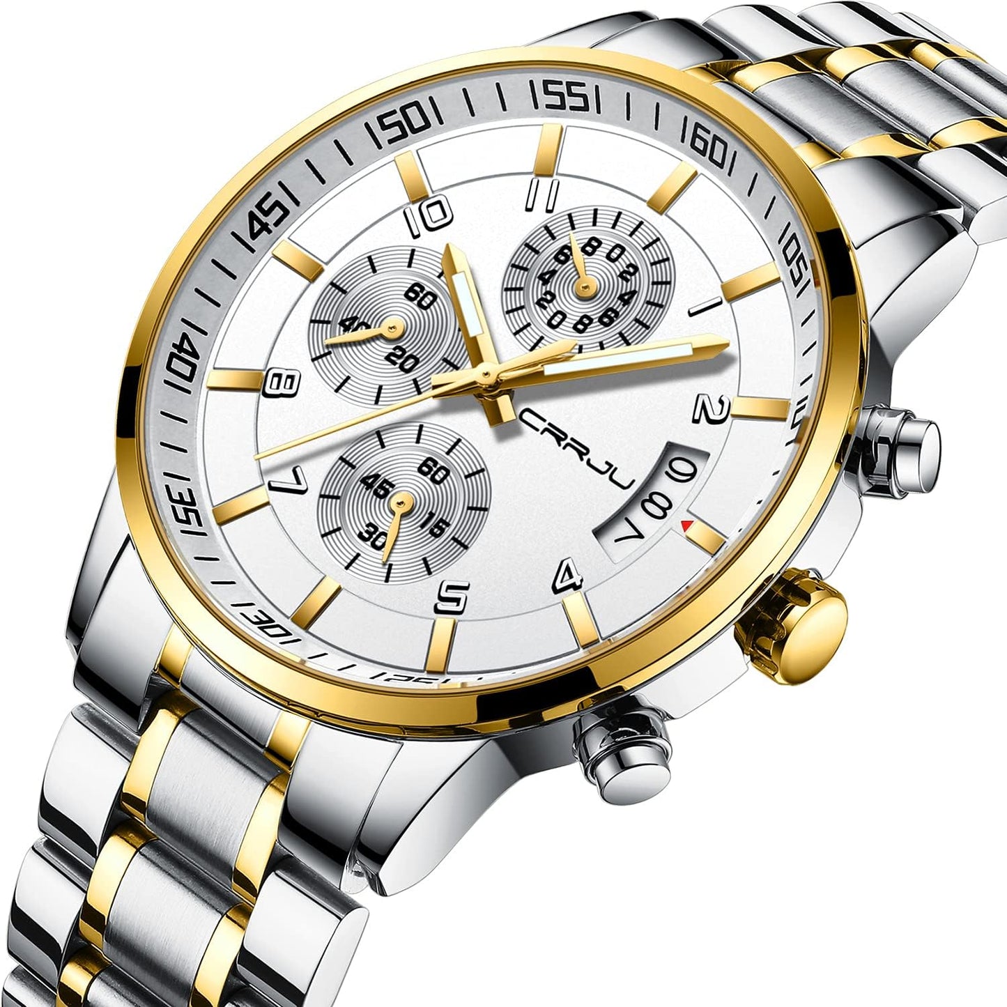 CRRJU Men's Fashion Stainless Steel Watches Date Waterproof Chronograph Wristwatches,Stainsteel Steel Band Waterproof Watch