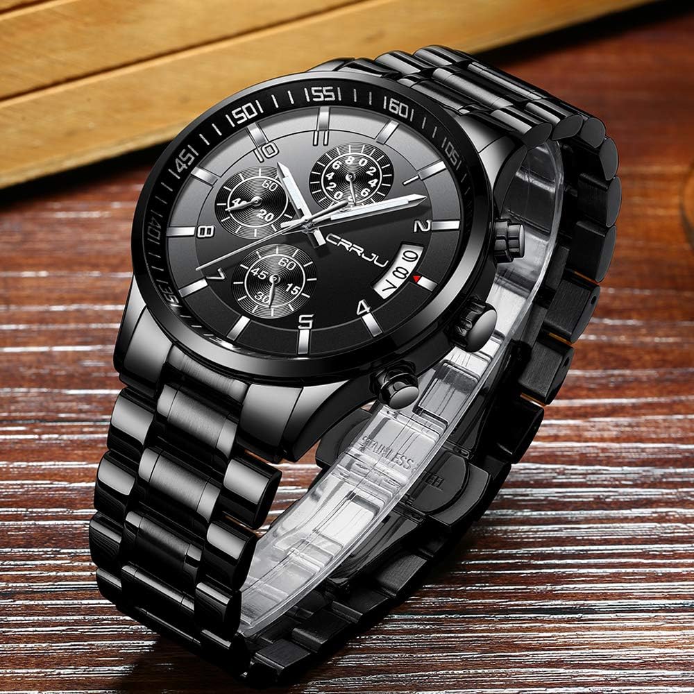 CRRJU Men's Fashion Stainless Steel Watches Date Waterproof Chronograph Wristwatches,Stainsteel Steel Band Waterproof Watch