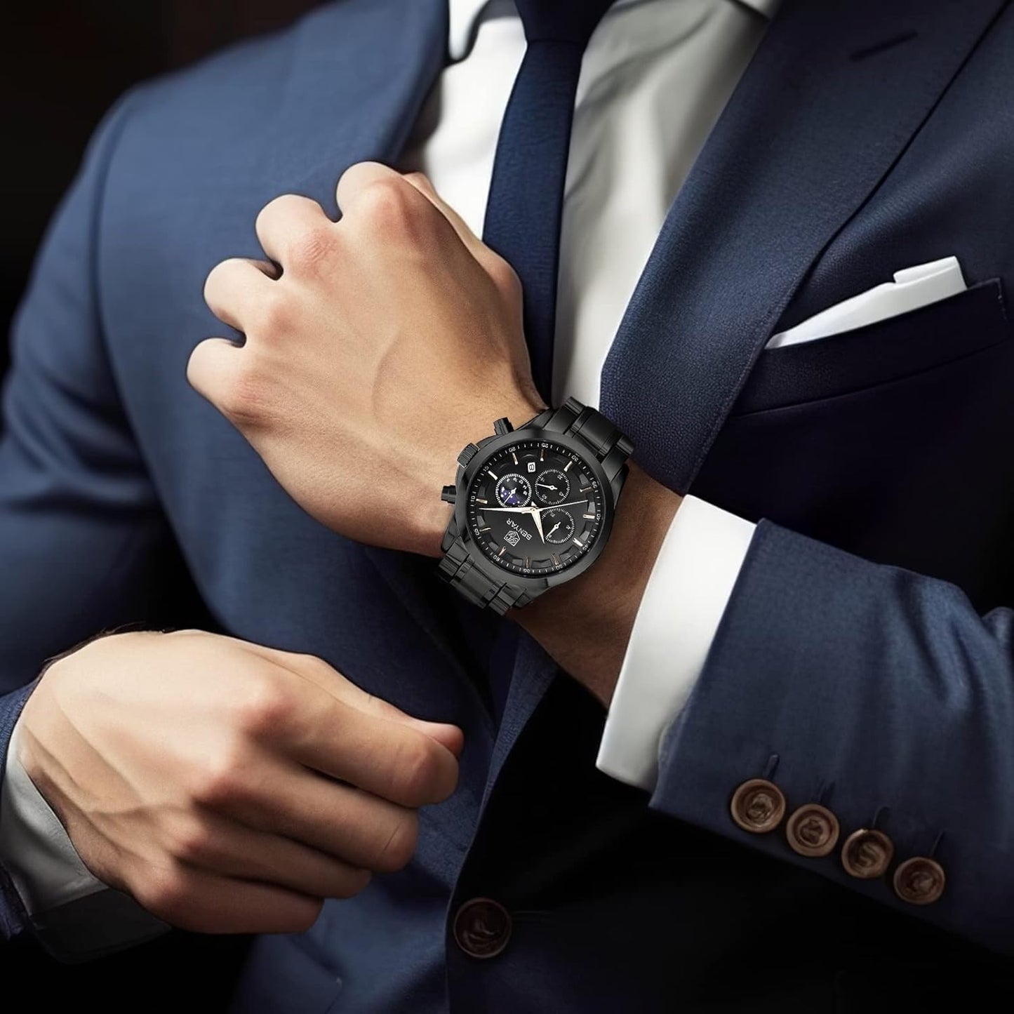 BY BENYAR Men's Watches Waterproof Sport Military Watch for Men Multifunction Chronograph Black Fashion Quartz Wristwatches Calendar with Leather Strap/Stainless Steel