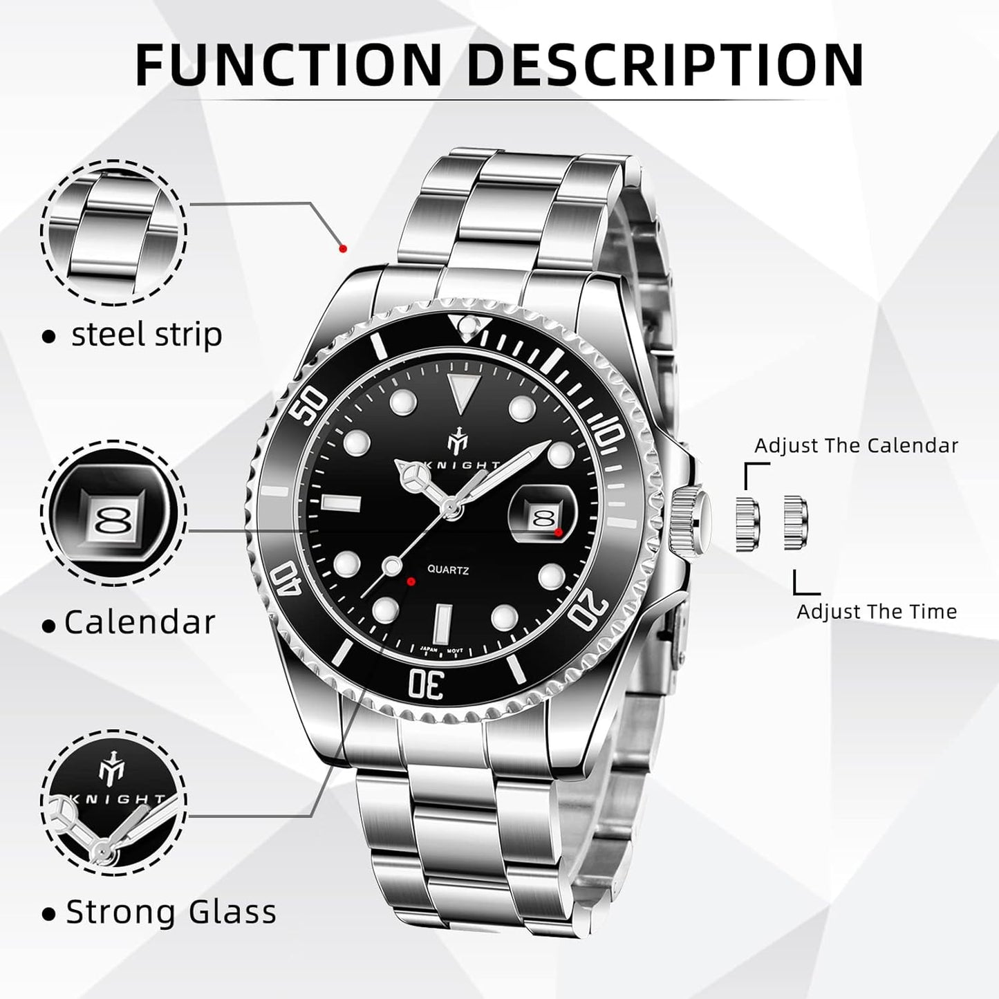 BY BENYAR AKNIGHT Watches for Men Quartz Movement Watch,Waterproof Luminous Men's Watch, Stainless Steel Strap Business Watches