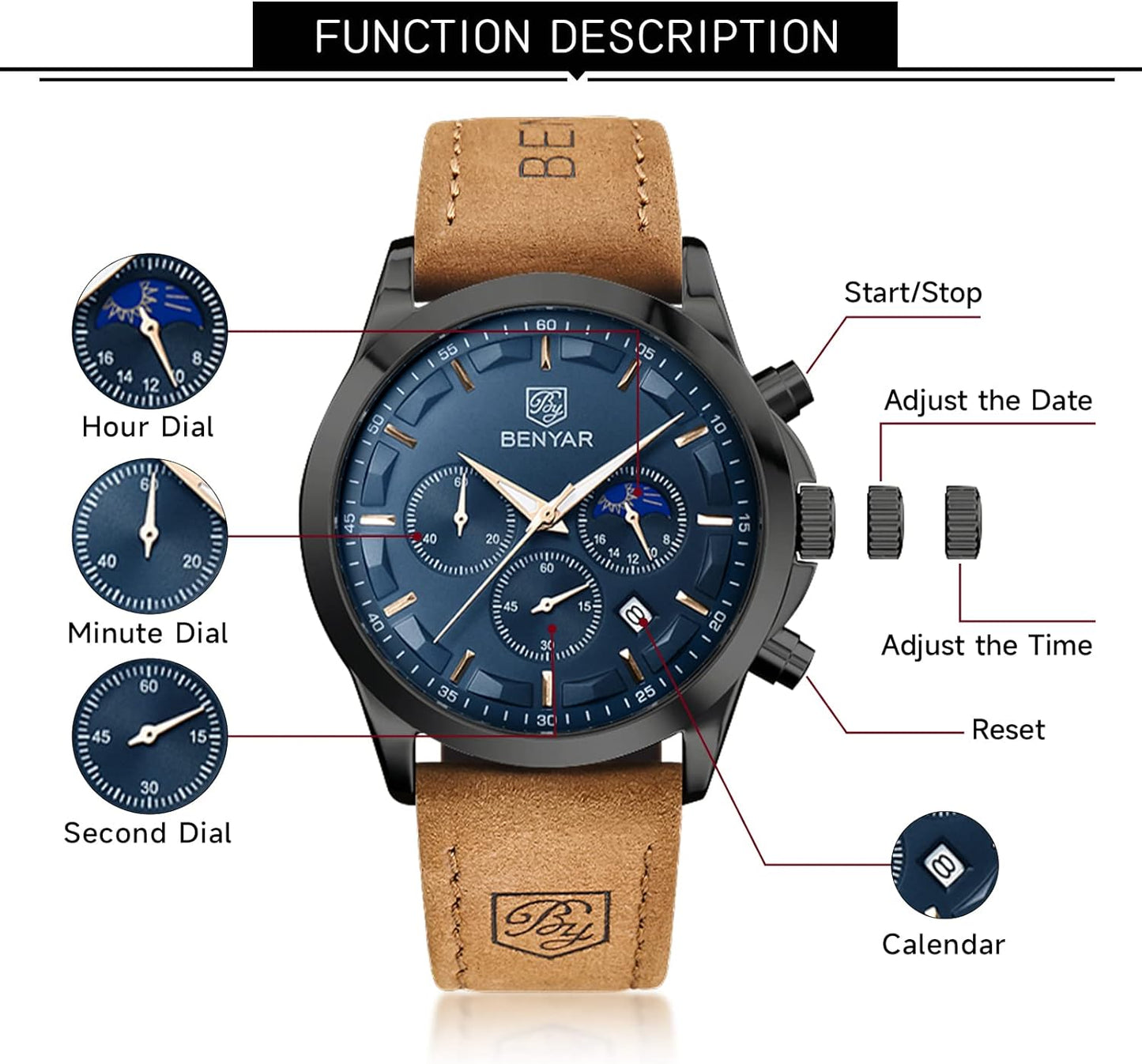BY BENYAR Men's Watches Waterproof Sport Military Watch for Men Multifunction Chronograph Black Fashion Quartz Wristwatches Calendar with Leather Strap/Stainless Steel