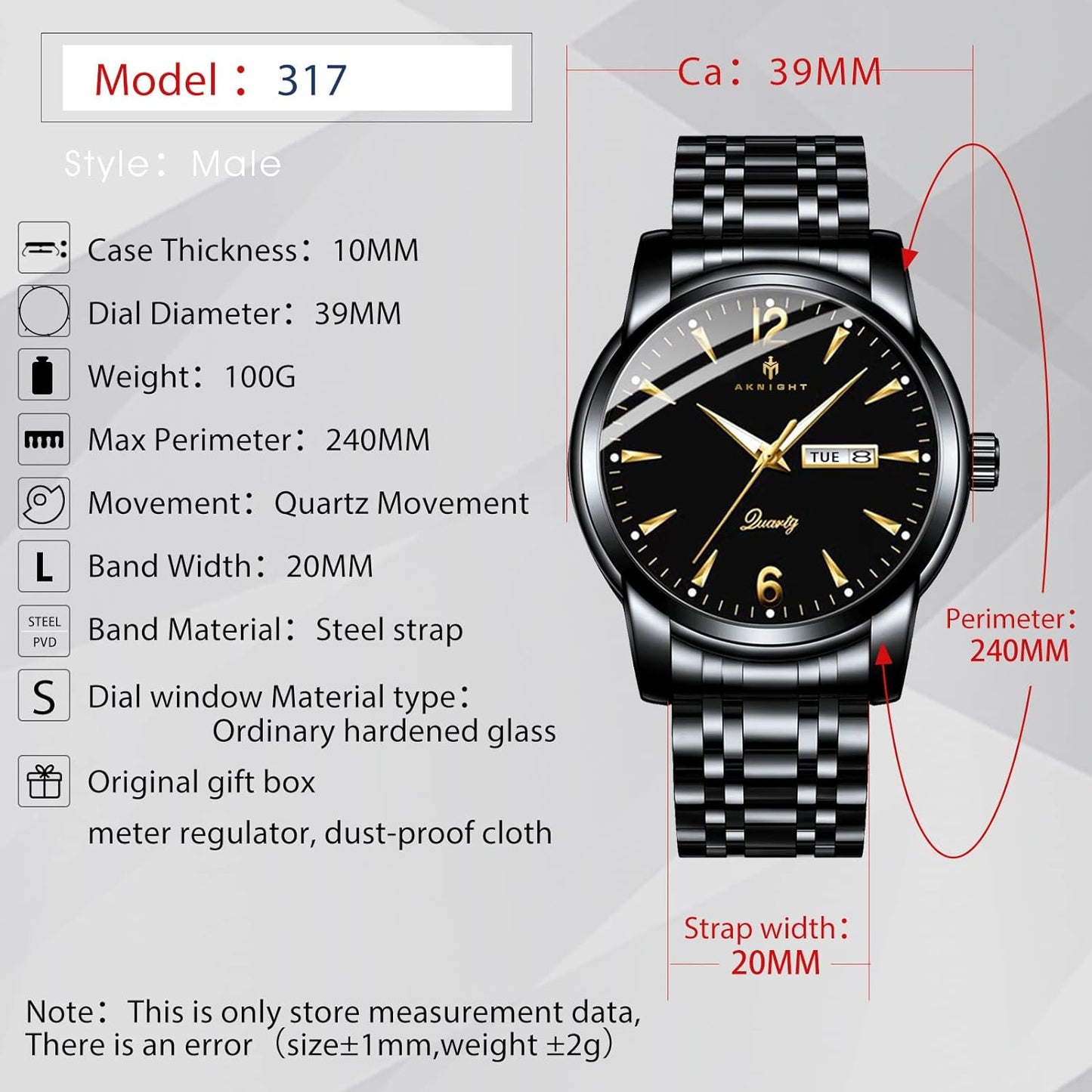 BY BENYAR AKNIGHT Watches for Men Quartz Movement Watch,Waterproof Luminous Men's Watch, Stainless Steel Strap Business Watches