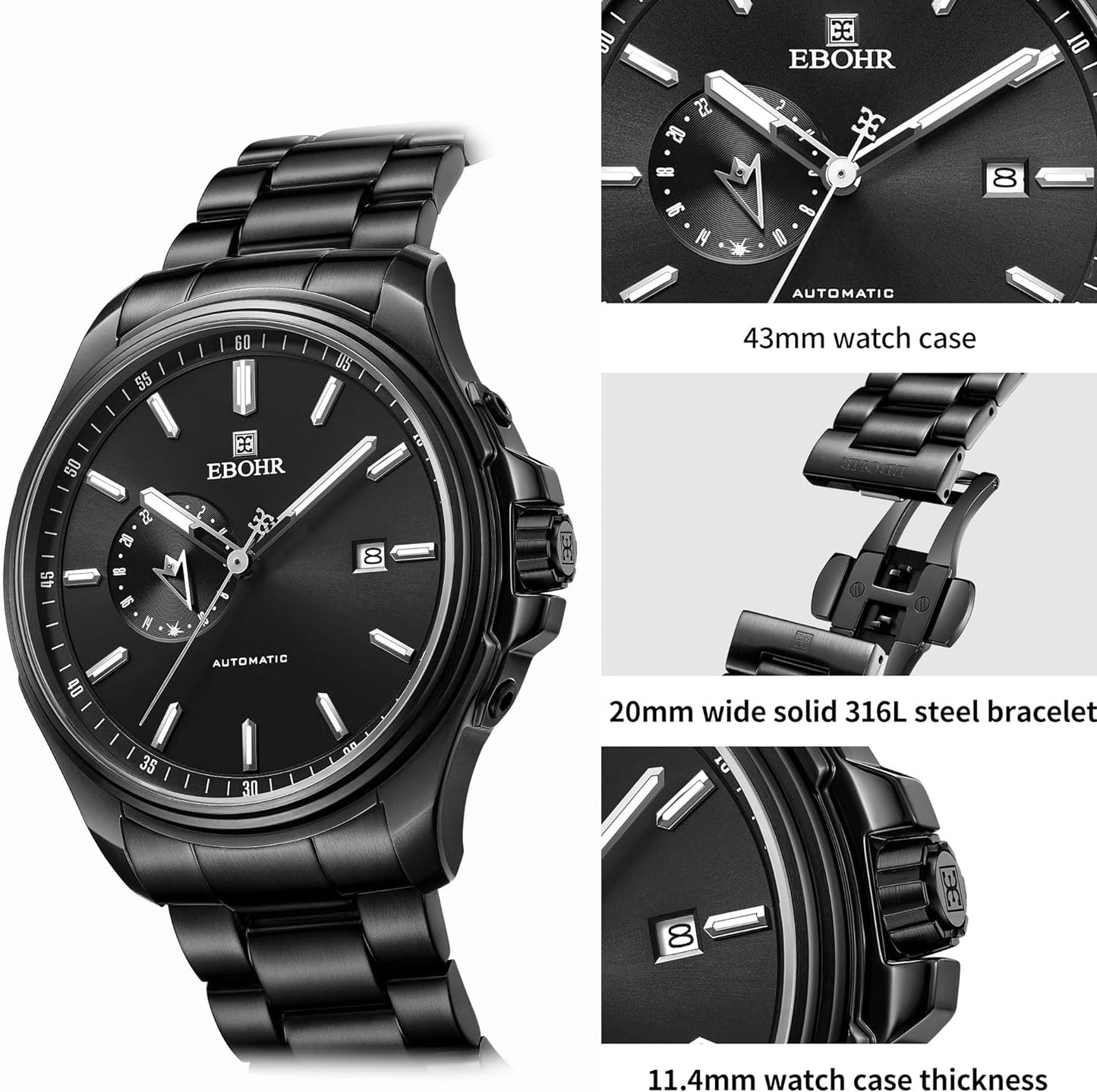 EBOHR Men's 21Jewel Mechanical Watch 316L Stainless Steel Wrist Watch Multifunctional Luminous Dial and Hand Easy to Read 43MM Business Classic Watch