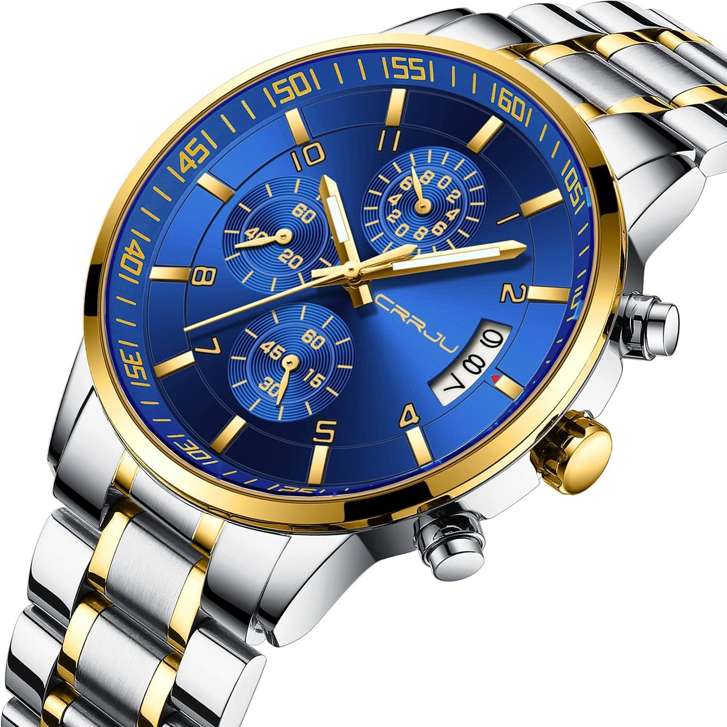 CRRJU Men's Fashion Stainless Steel Watches Date Waterproof Chronograph Wristwatches,Stainsteel Steel Band Waterproof Watch