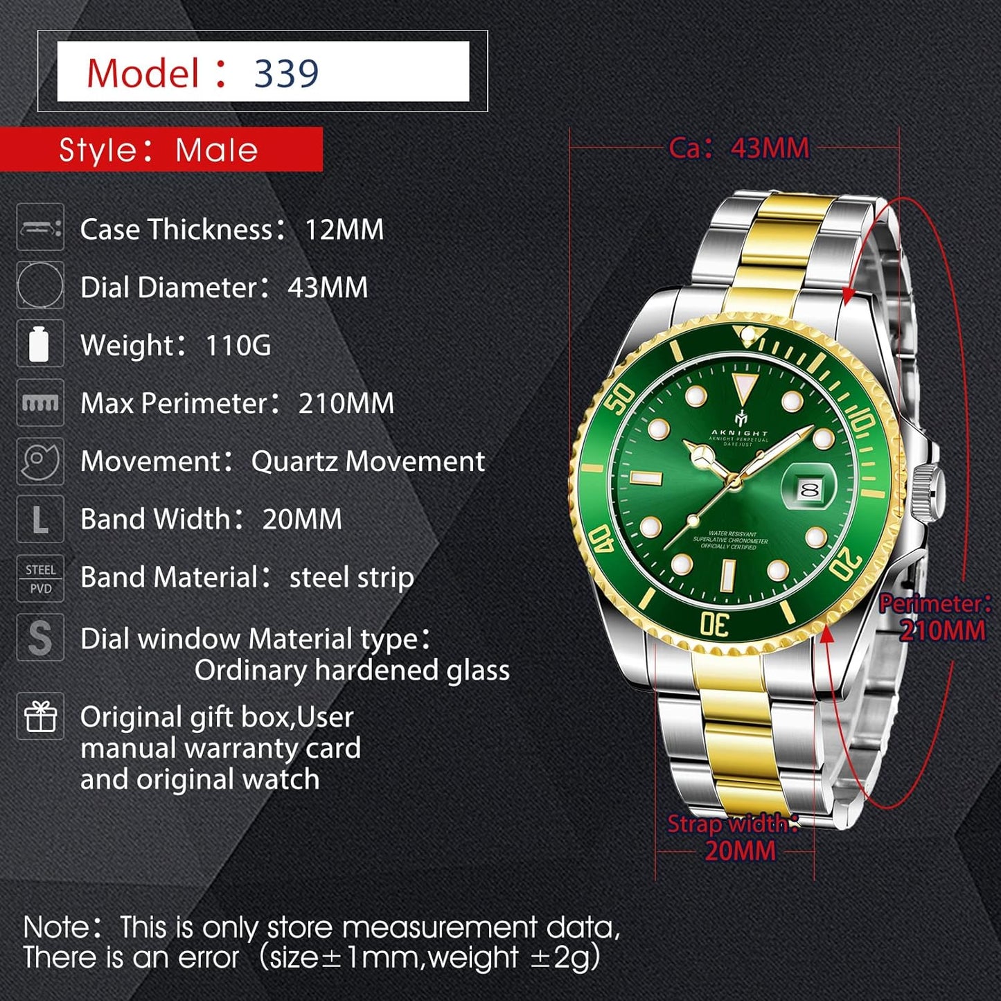 BY BENYAR AKNIGHT Watches for Men Quartz Movement Watch,Waterproof Luminous Men's Watch, Stainless Steel Strap Business Watches