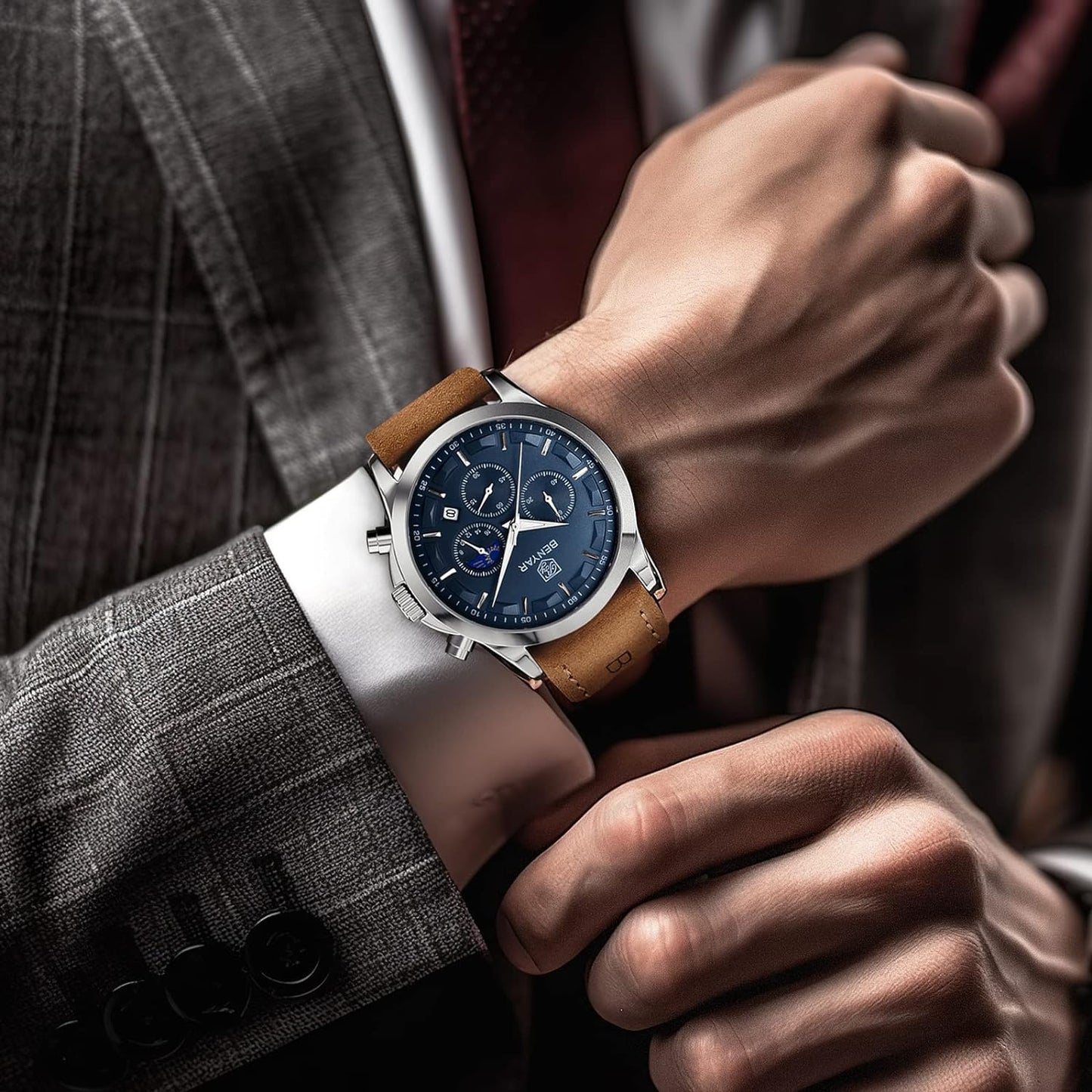 BY BENYAR Men's Watches Waterproof Sport Military Watch for Men Multifunction Chronograph Black Fashion Quartz Wristwatches Calendar with Leather Strap/Stainless Steel