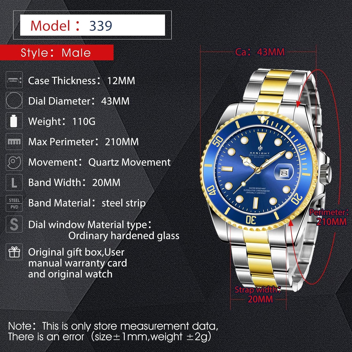 BY BENYAR AKNIGHT Watches for Men Quartz Movement Watch,Waterproof Luminous Men's Watch, Stainless Steel Strap Business Watches