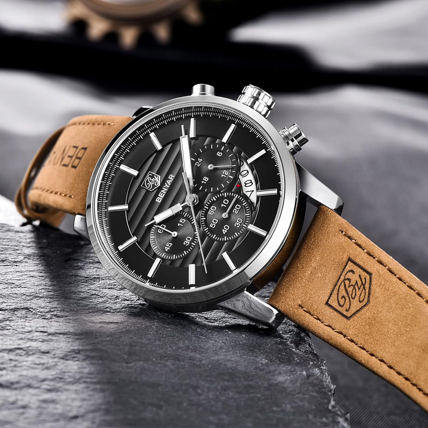 BENYAR Quartz Chronograph Waterproof Watches Business and Sport Design Leather Band Strap Wrist Watch for Men