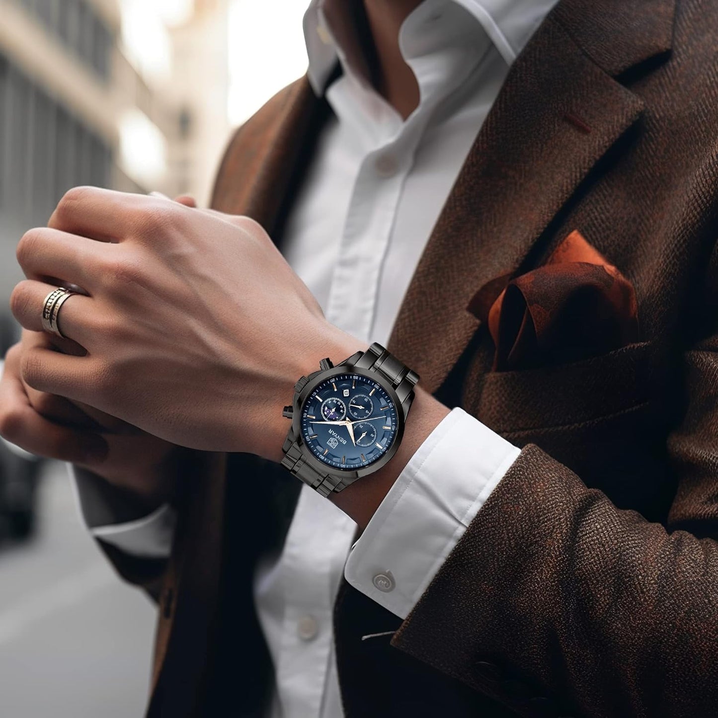 BY BENYAR Men's Watches Waterproof Sport Military Watch for Men Multifunction Chronograph Black Fashion Quartz Wristwatches Calendar with Leather Strap/Stainless Steel