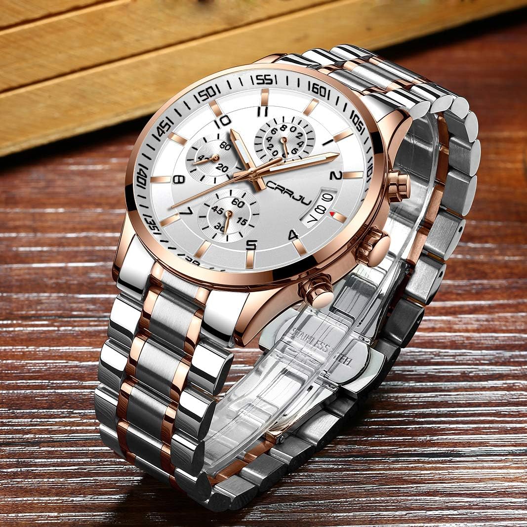 CRRJU Men's Fashion Stainless Steel Watches Date Waterproof Chronograph Wristwatches,Stainsteel Steel Band Waterproof Watch