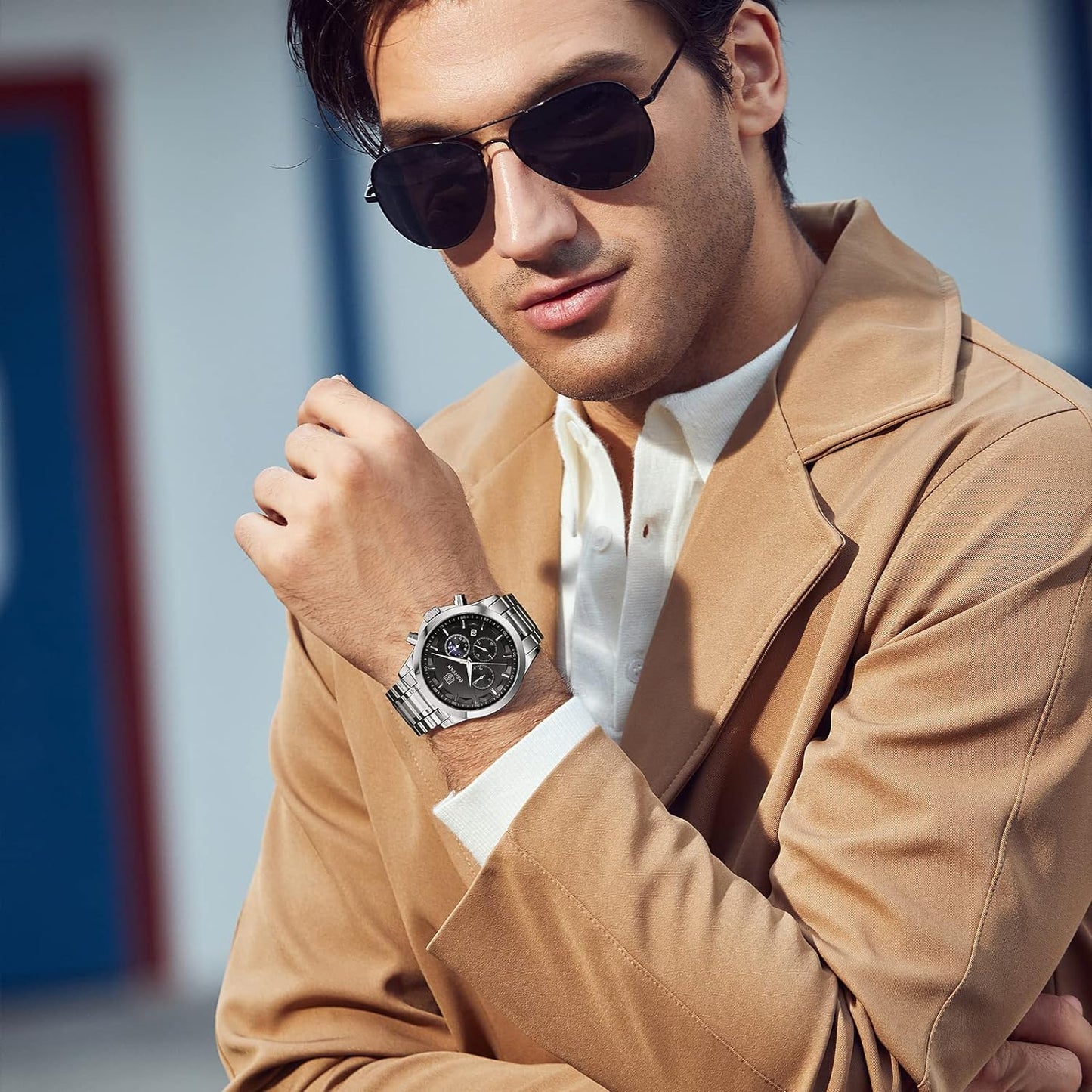 BY BENYAR Men's Watches Waterproof Sport Military Watch for Men Multifunction Chronograph Black Fashion Quartz Wristwatches Calendar with Leather Strap/Stainless Steel
