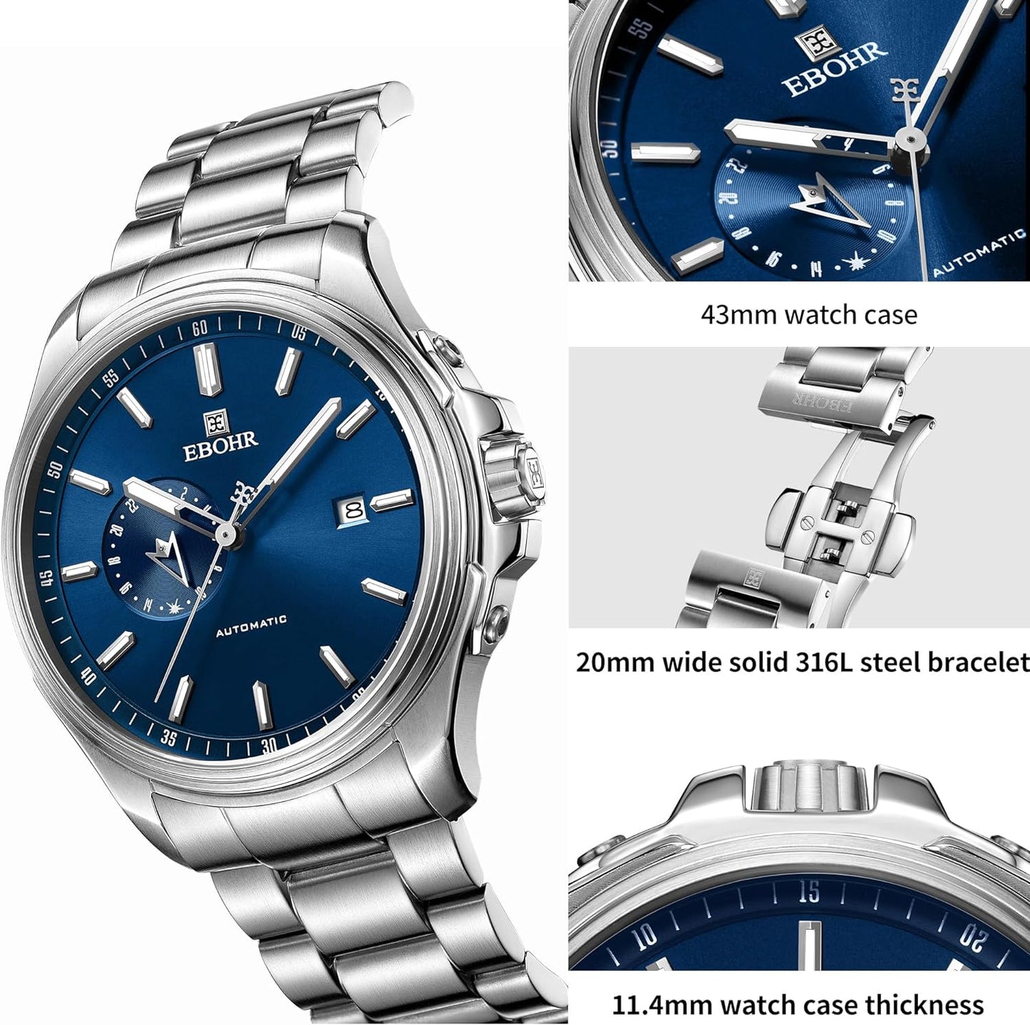 EBOHR Men's 21Jewel Mechanical Watch 316L Stainless Steel Wrist Watch Multifunctional Luminous Dial and Hand Easy to Read 43MM Business Classic Watch
